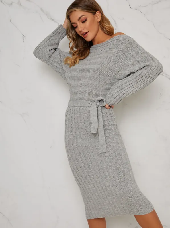Tie Waist Rib Knitted Jumper Midi Dress in Grey sold by Chi Chi London