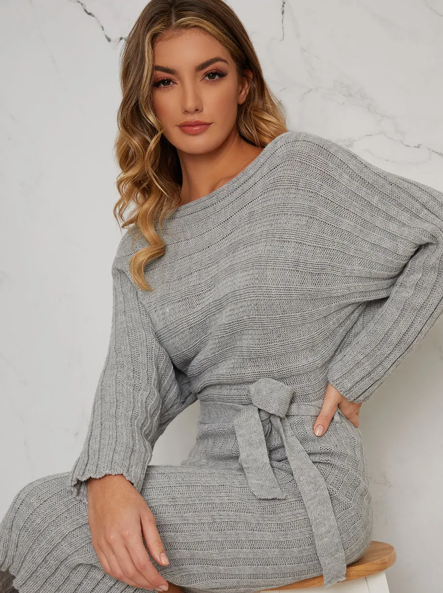 Tie Waist Rib Knitted Jumper Midi Dress in Grey sold by Chi Chi London product image thumbnail 4