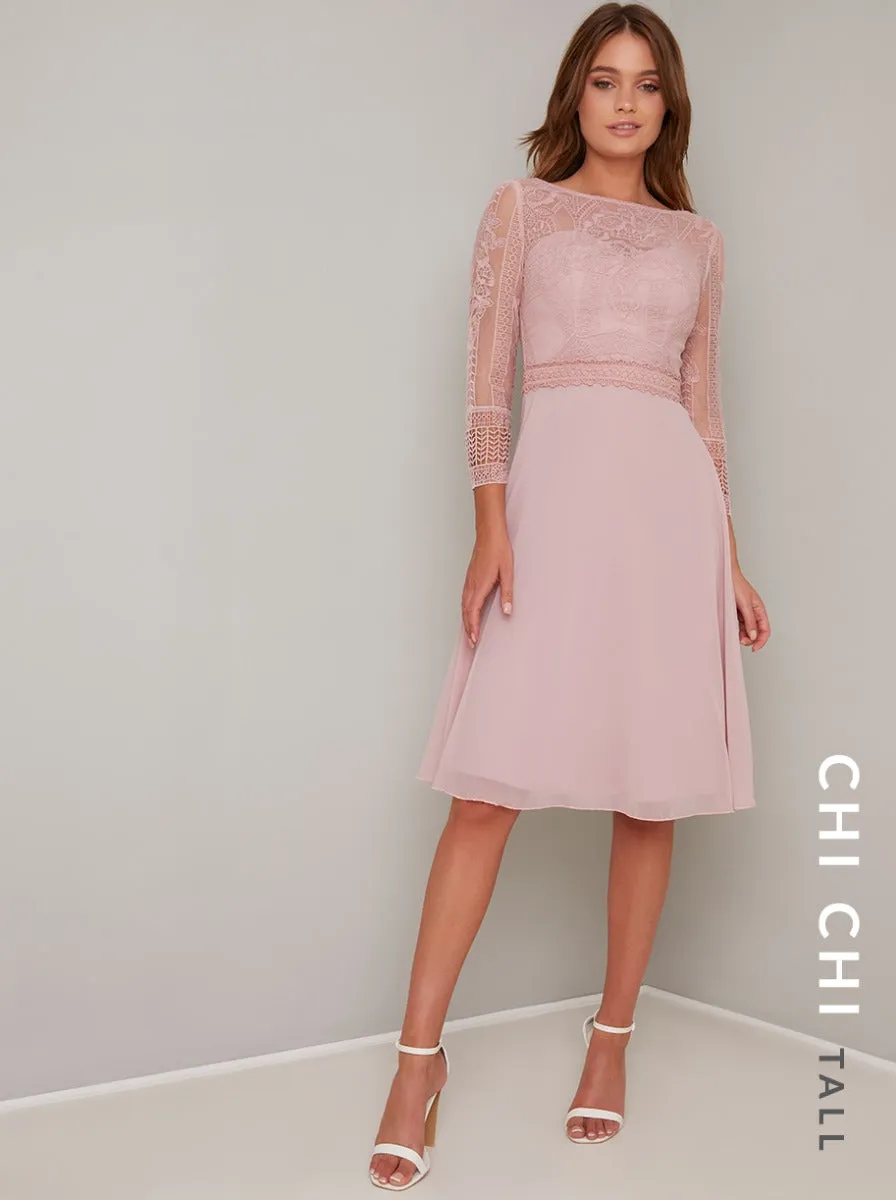 Tall Long Sleeved Lace Bodice Midi Dress in Pink sold by Chi Chi London product image thumbnail 4