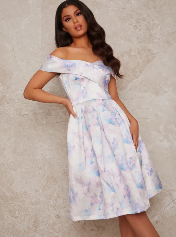 Bardot Floral Print Midi Dress in White sold by Chi Chi London
