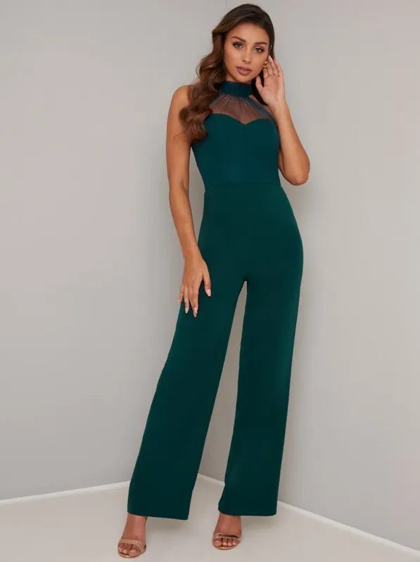 Halter Neck Jumpsuit with Wide Leg Trousers in Green sold by Chi Chi London