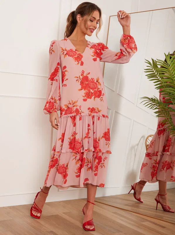 Long Sleeve Floral Printed Midi Dress in Pink sold by Chi Chi London