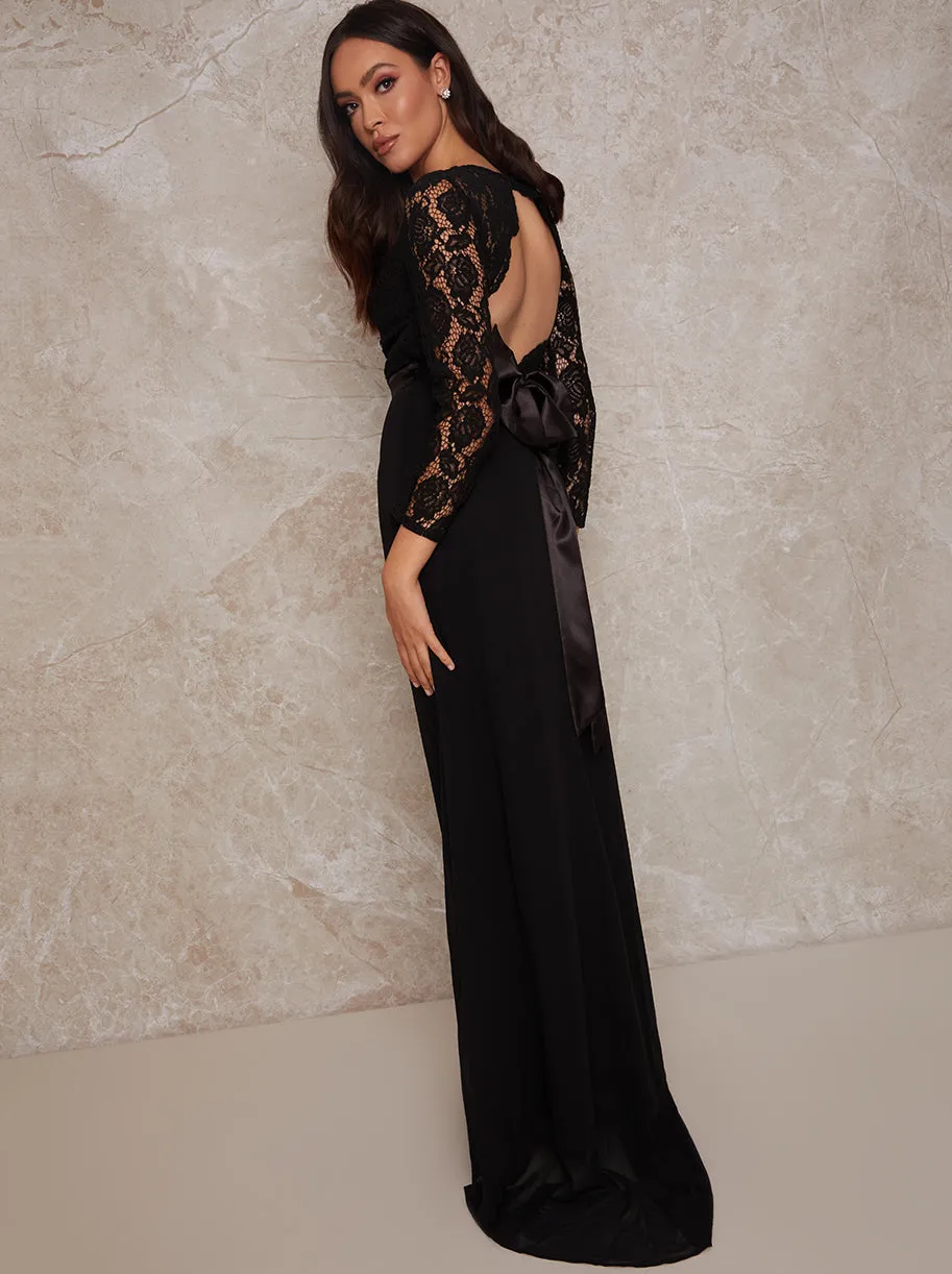 Long Sleeve Lace Bodice Maxi Dress in Black sold by Chi Chi London