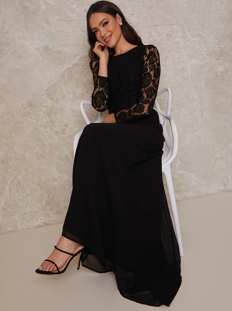 Long Sleeve Lace Bodice Maxi Dress in Black sold by Chi Chi London product image thumbnail 2
