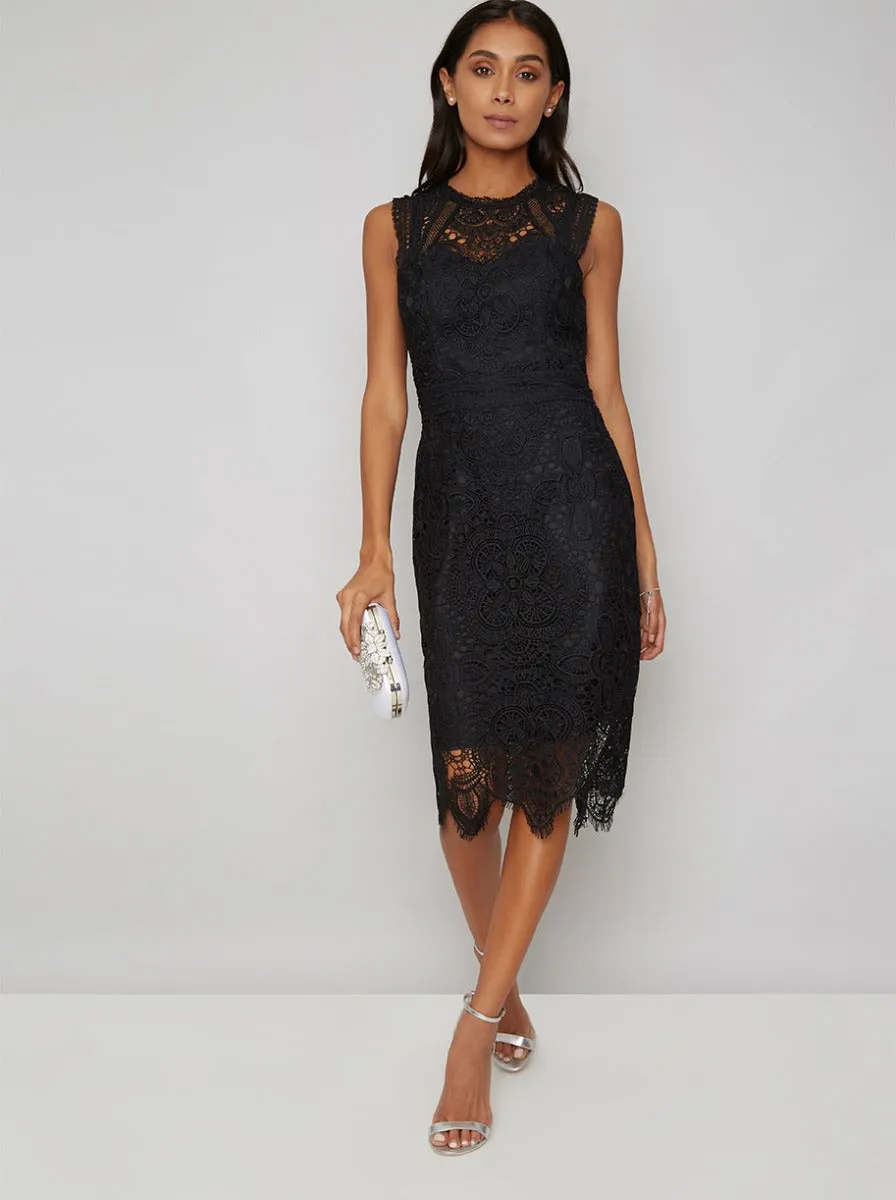 Premium Lace Overlay Bodycon Midi Dress in Black sold by Chi Chi London
