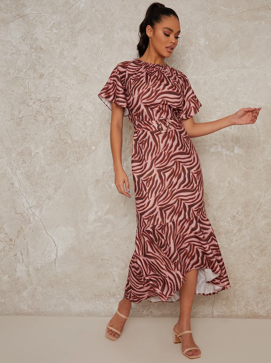 Animal Print Angel Sleeve Midi Dress in Pink sold by Chi Chi London