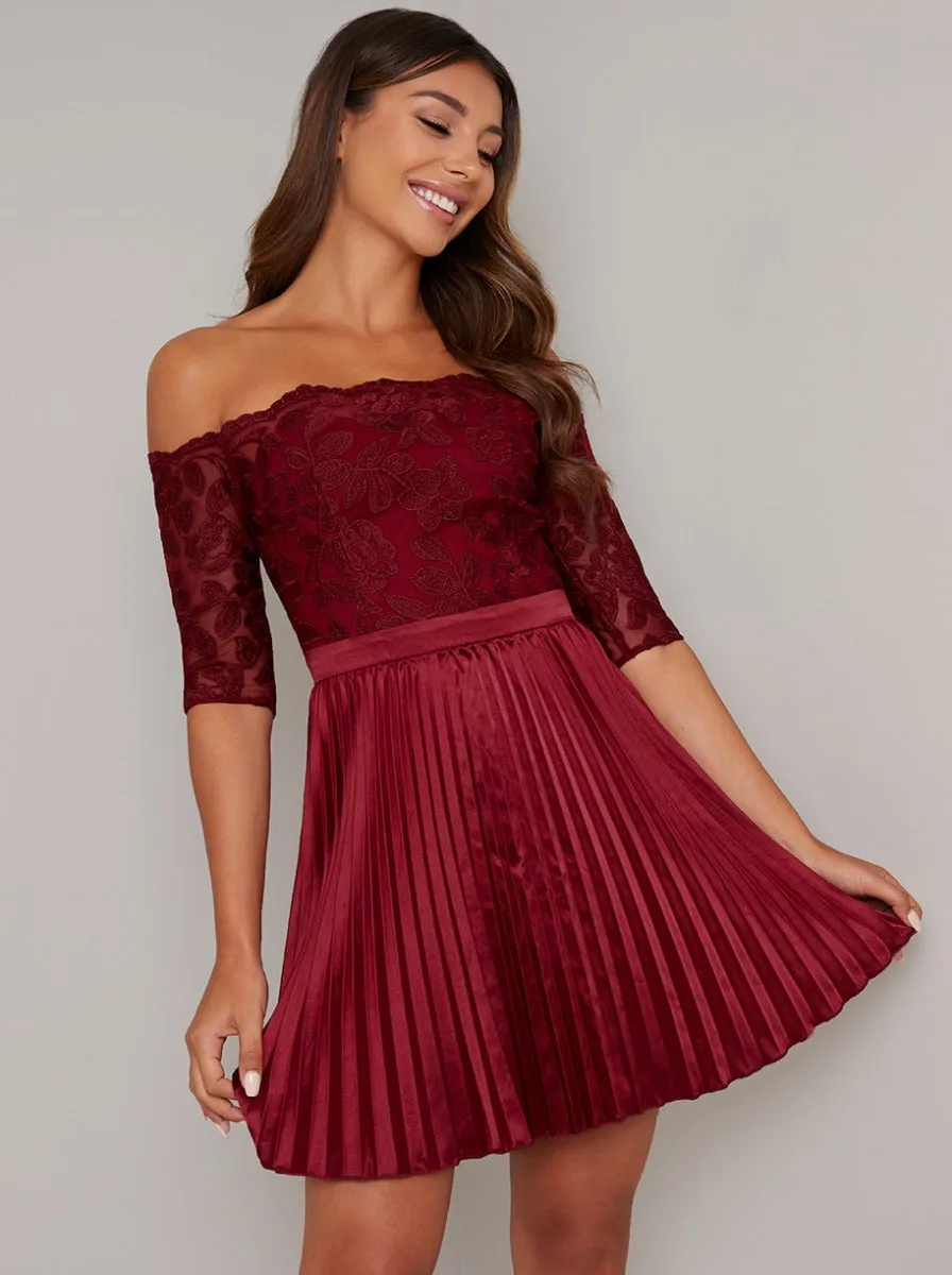 Bardot Lace Bodice Pleat Mini Dress in Red sold by Chi Chi London