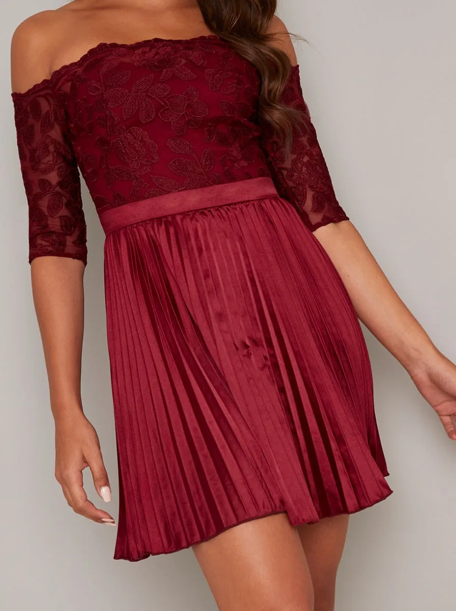 Bardot Lace Bodice Pleat Mini Dress in Red sold by Chi Chi London product image thumbnail 3