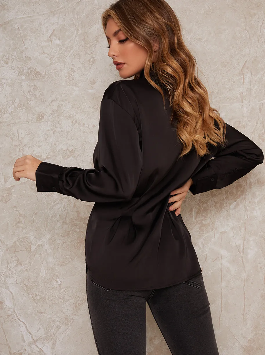 Satin Finish Long Sleeved Shirt Top In Black sold by Chi Chi London product image thumbnail 3