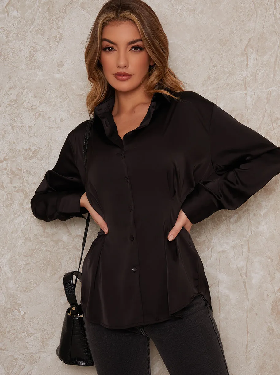 Satin Finish Long Sleeved Shirt Top In Black sold by Chi Chi London