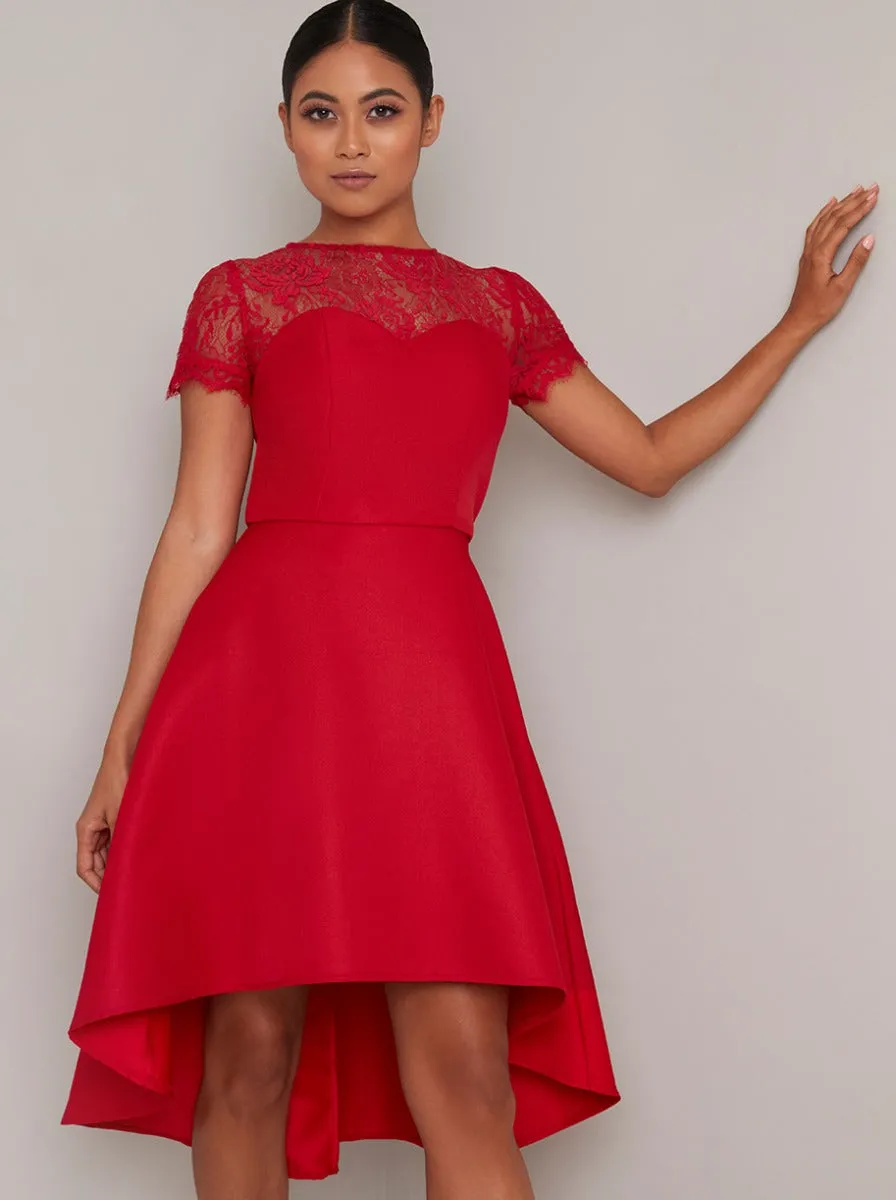 Petite Sheer Lace Sweetheart Dip Hem Midi Dress in Red sold by Chi Chi London
