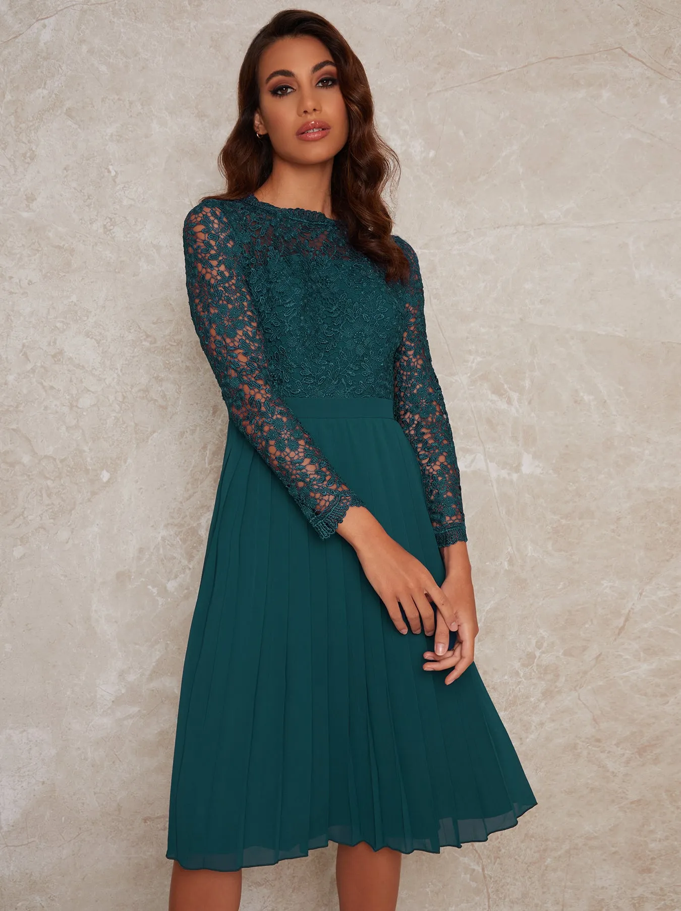 Crochet Bodice Pleated Skater Dress in Green sold by Chi Chi London product image thumbnail 3