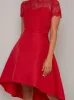 Petite Sheer Lace Sweetheart Dip Hem Midi Dress in Red sold by Chi Chi London