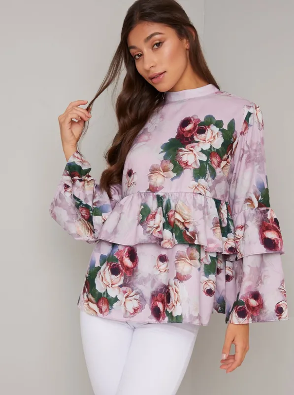 Tiered Digital Floral Print Top in Pink sold by Chi Chi London