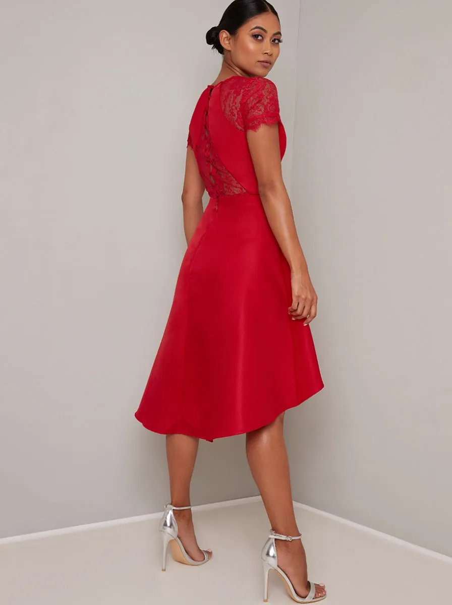 Petite Sheer Lace Sweetheart Dip Hem Midi Dress in Red sold by Chi Chi London product image thumbnail 4
