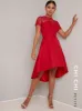 Petite Sheer Lace Sweetheart Dip Hem Midi Dress in Red sold by Chi Chi London