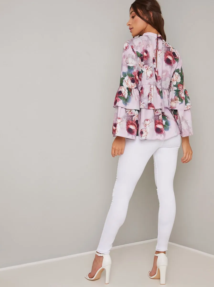 Tiered Digital Floral Print Top in Pink sold by Chi Chi London product image thumbnail 3