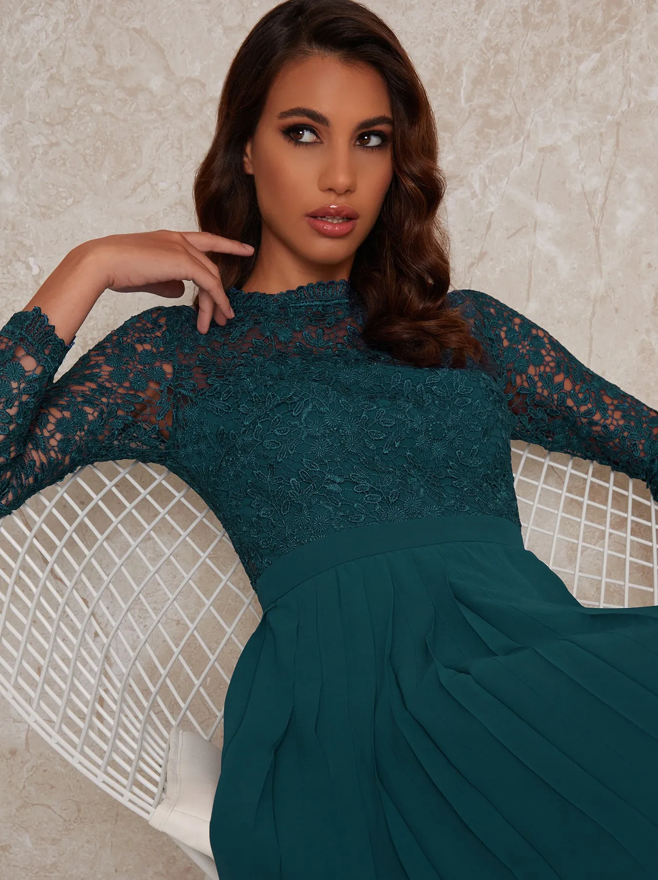 Crochet Bodice Pleated Skater Dress in Green sold by Chi Chi London product image thumbnail 2