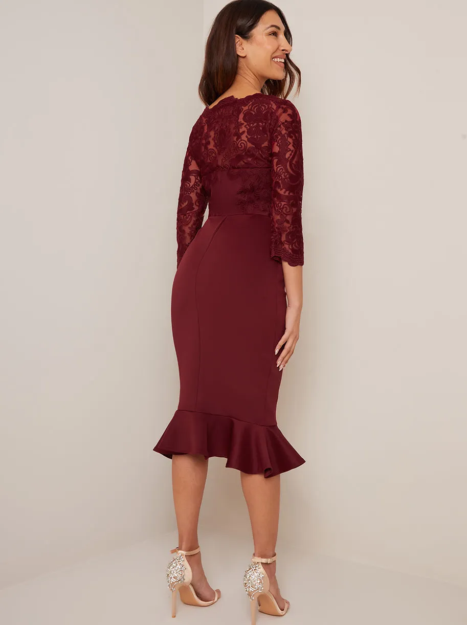 Bodycon Lace Bodice Peplum Hem Midi Dress in Pink sold by Chi Chi London product image thumbnail 2