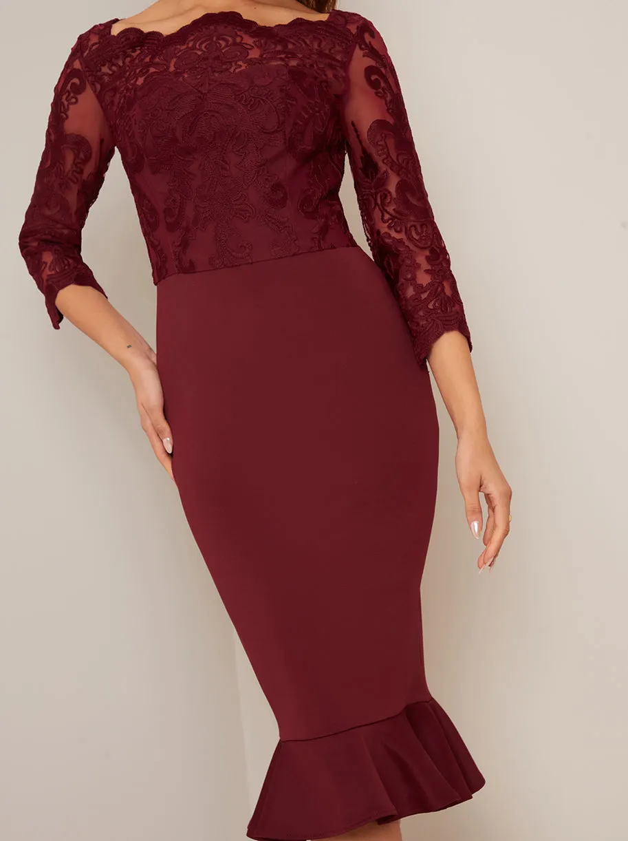 Bodycon Lace Bodice Peplum Hem Midi Dress in Pink sold by Chi Chi London product image thumbnail 3