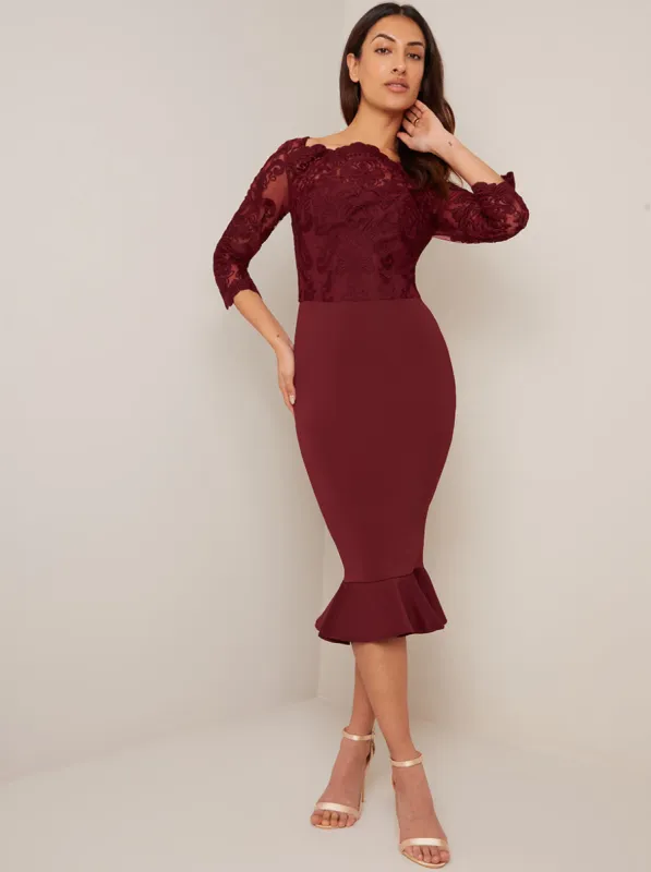 Bodycon Lace Bodice Peplum Hem Midi Dress in Pink sold by Chi Chi London