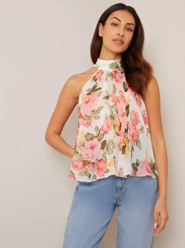 High Neck Floral Chiffon Top in White sold by Chi Chi London