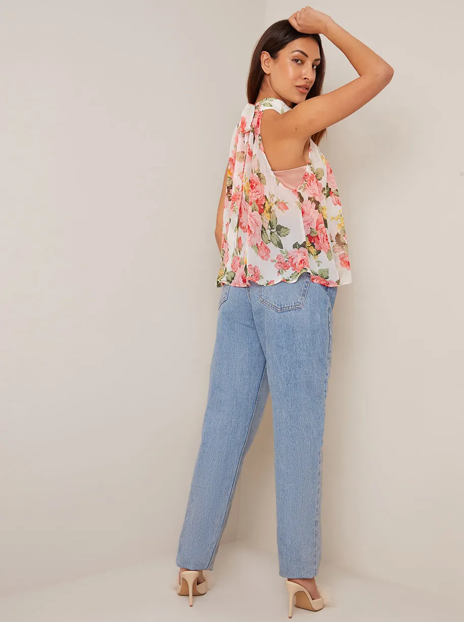 High Neck Floral Chiffon Top in White sold by Chi Chi London product image thumbnail 3