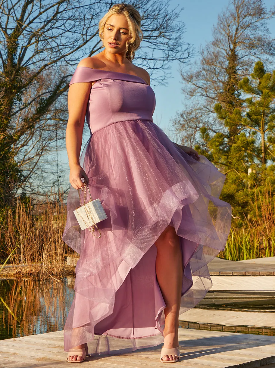 Plus Size One Shoulder Mesh Skirt Dip Hem Dress in Purple sold by Chi Chi London product image thumbnail 2