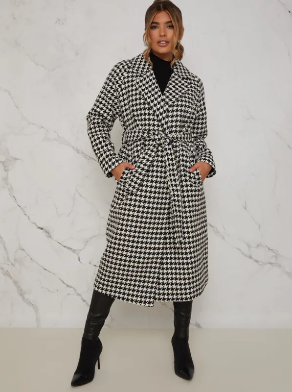 Tie Waist Dogtooth Coat in Monochrome made by Chi Chi London