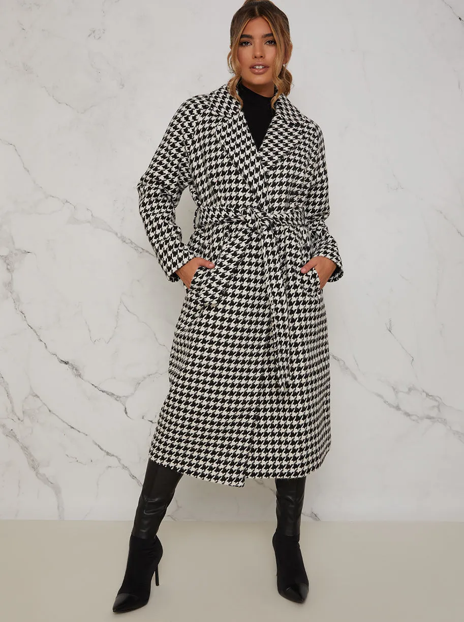 Tie Waist Dogtooth Coat in Monochrome sold by Chi Chi London