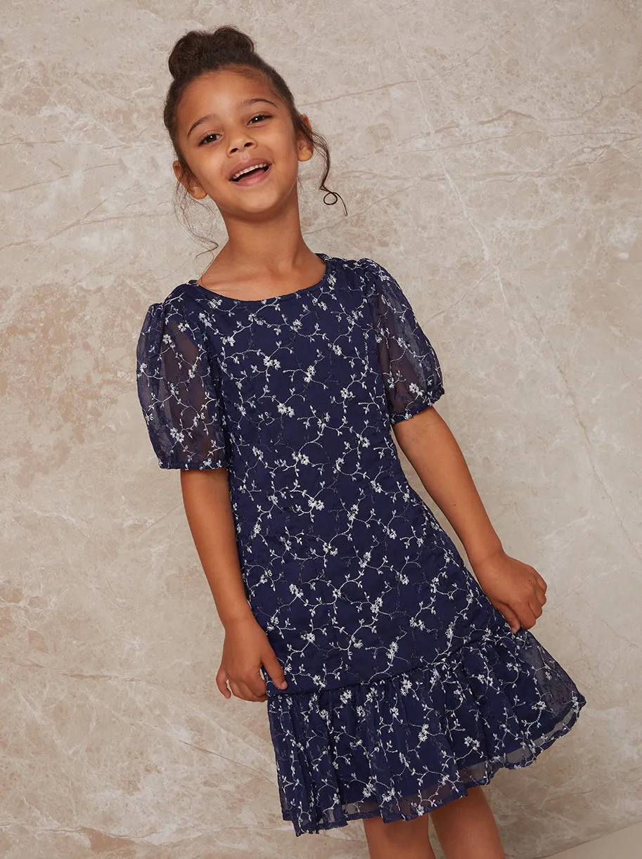 Girls Puff Sleeve Floral Embroidered Midi Dress in Navy sold by Chi Chi London product image thumbnail 5