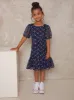 Girls Puff Sleeve Floral Embroidered Midi Dress in Navy sold by Chi Chi London