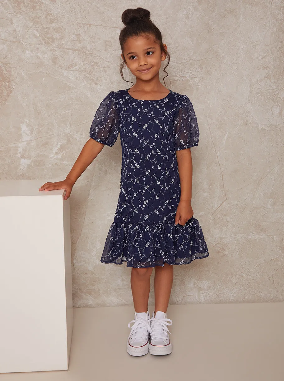 Girls Puff Sleeve Floral Embroidered Midi Dress in Navy sold by Chi Chi London product image thumbnail 2