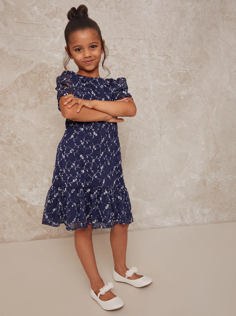 Girls Puff Sleeve Floral Embroidered Midi Dress in Navy sold by Chi Chi London product image thumbnail 4