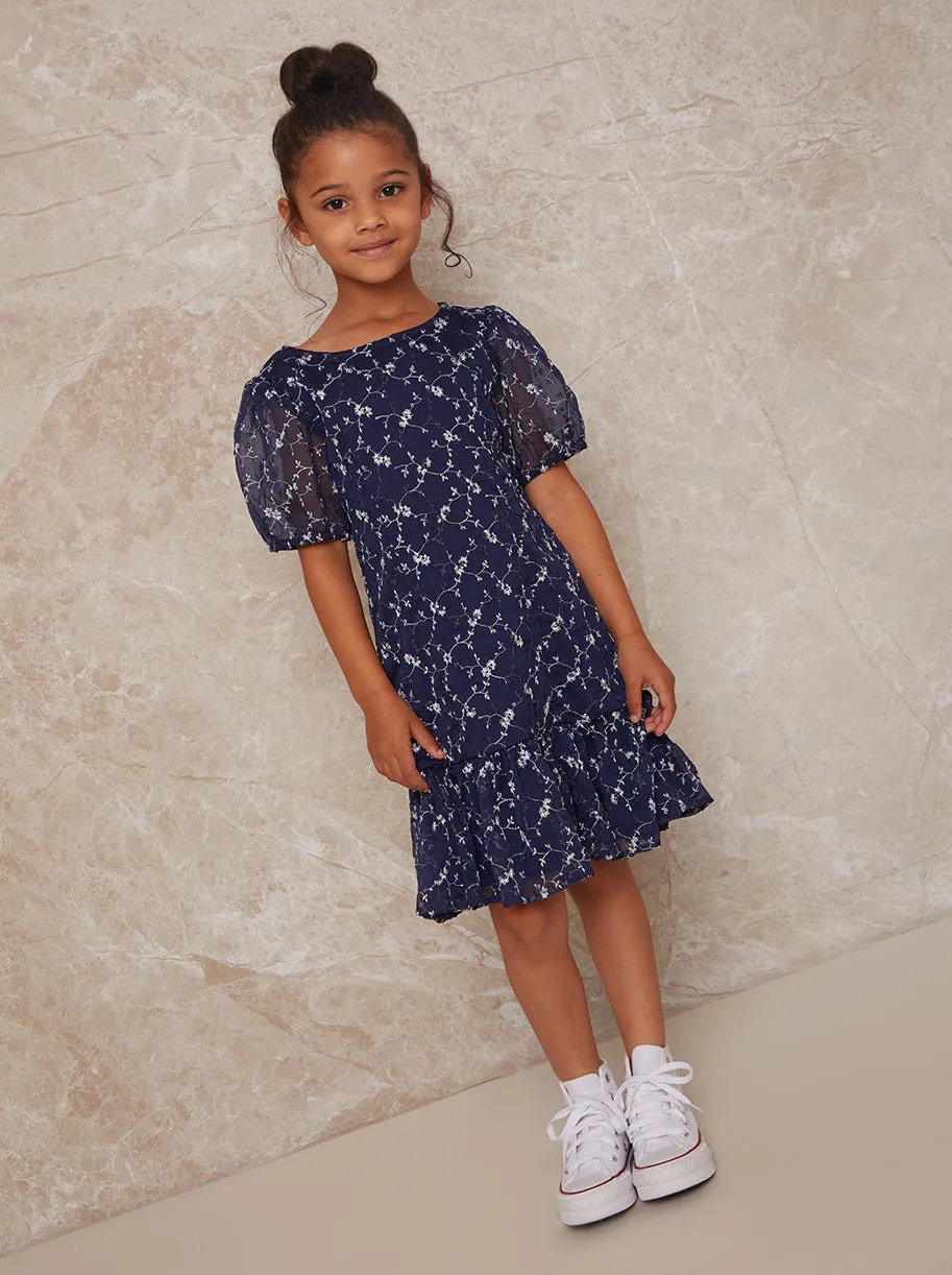 Girls Puff Sleeve Floral Embroidered Midi Dress in Navy sold by Chi Chi London