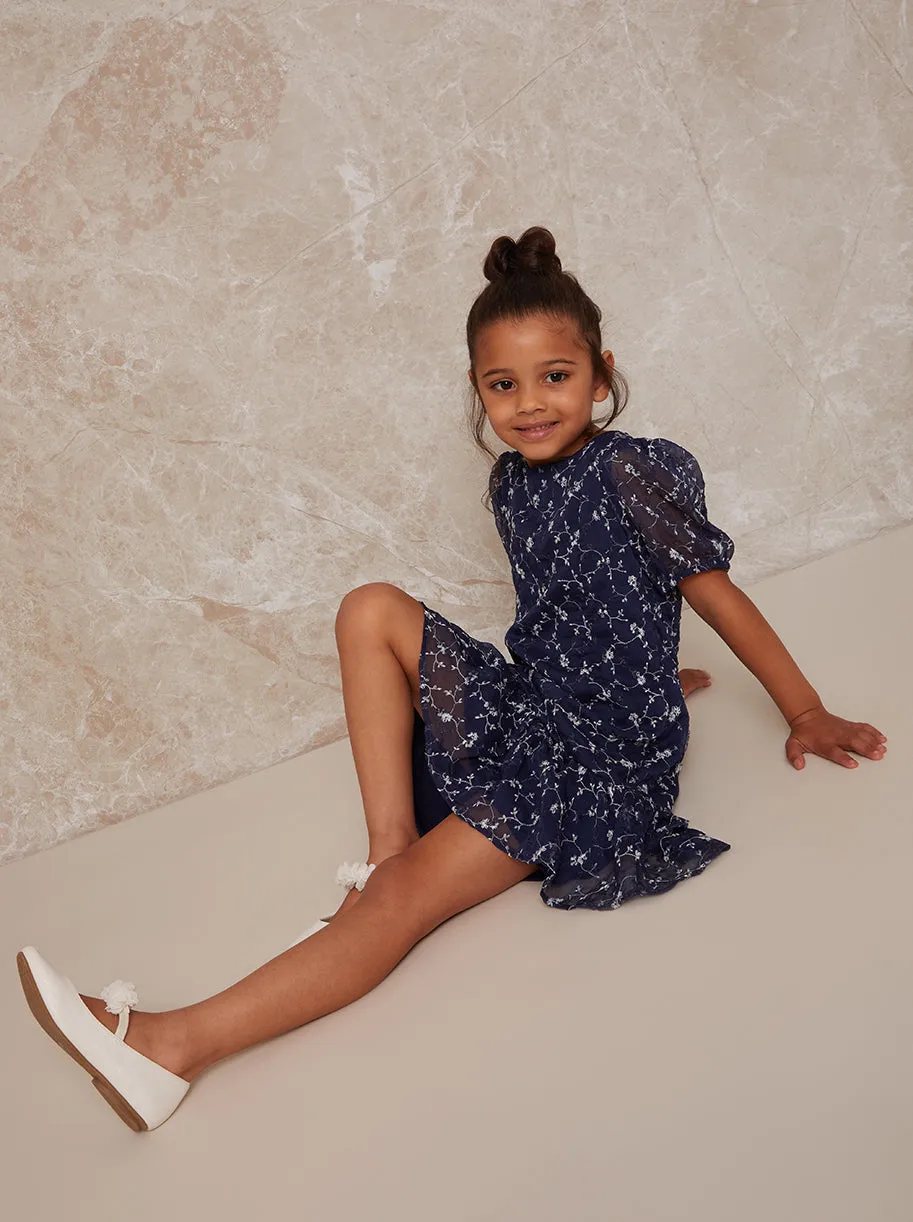 Girls Puff Sleeve Floral Embroidered Midi Dress in Navy sold by Chi Chi London product image thumbnail 3