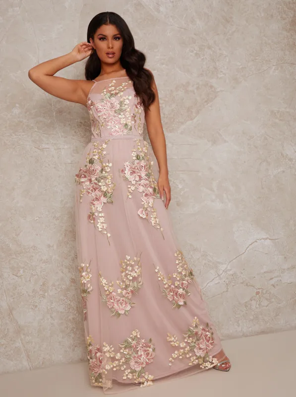Sleeveless Embroidered Lace Maxi Dress in Pink sold by Chi Chi London