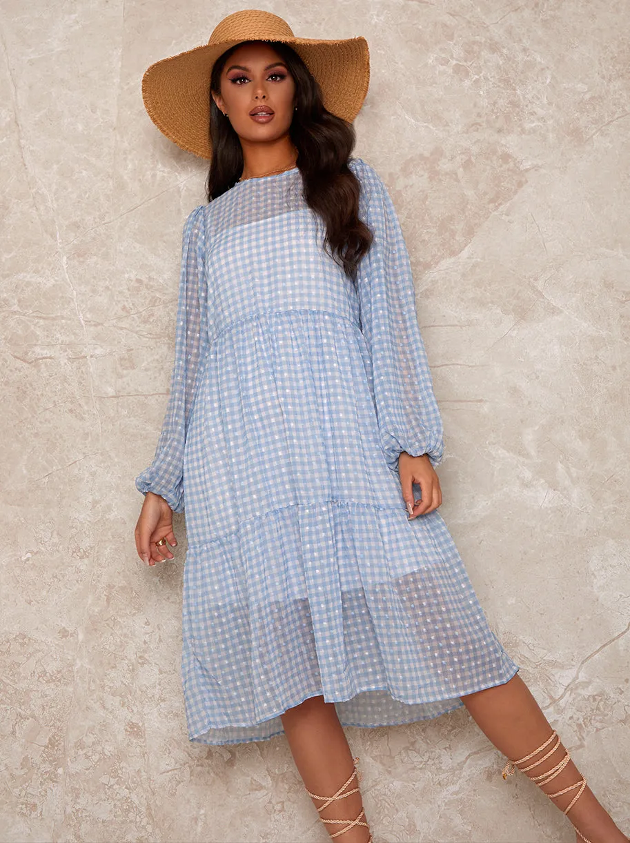 Gingham Balloon Sleeve Midi Dress in Blue sold by Chi Chi London