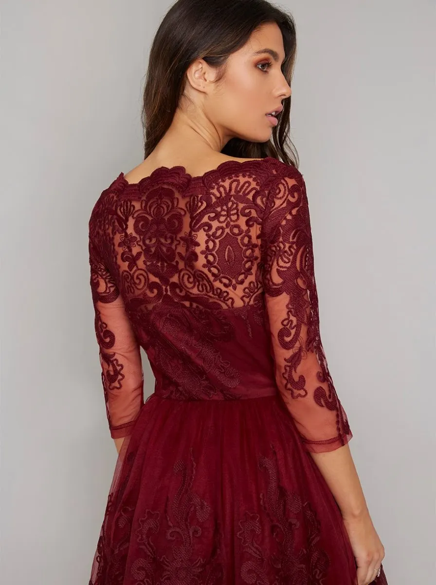 Sheer Sleeved Lace Bodice Midi Dress in Red sold by Chi Chi London product image thumbnail 4