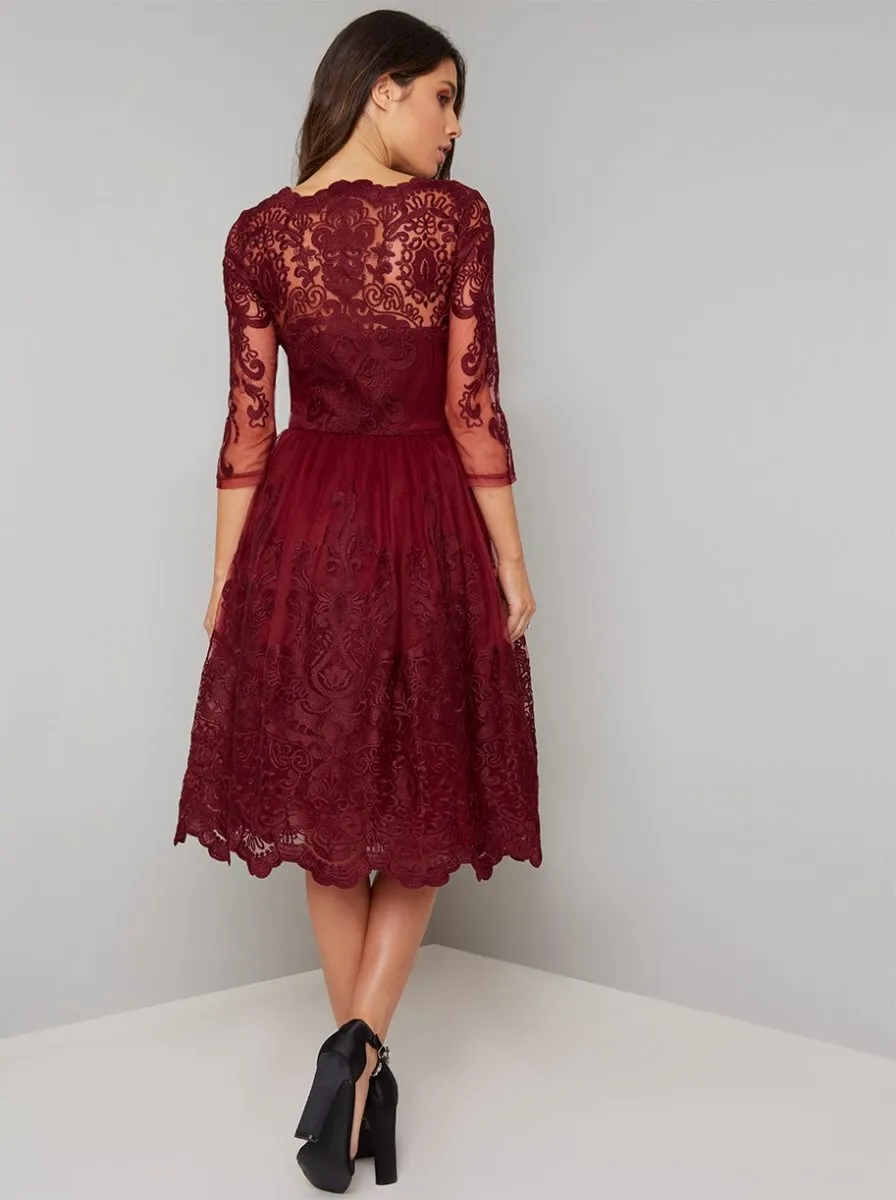 Sheer Sleeved Lace Bodice Midi Dress in Red sold by Chi Chi London product image thumbnail 2