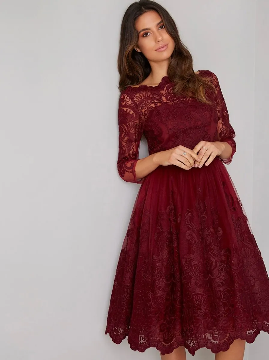 Sheer Sleeved Lace Bodice Midi Dress in Red sold by Chi Chi London product image thumbnail 3
