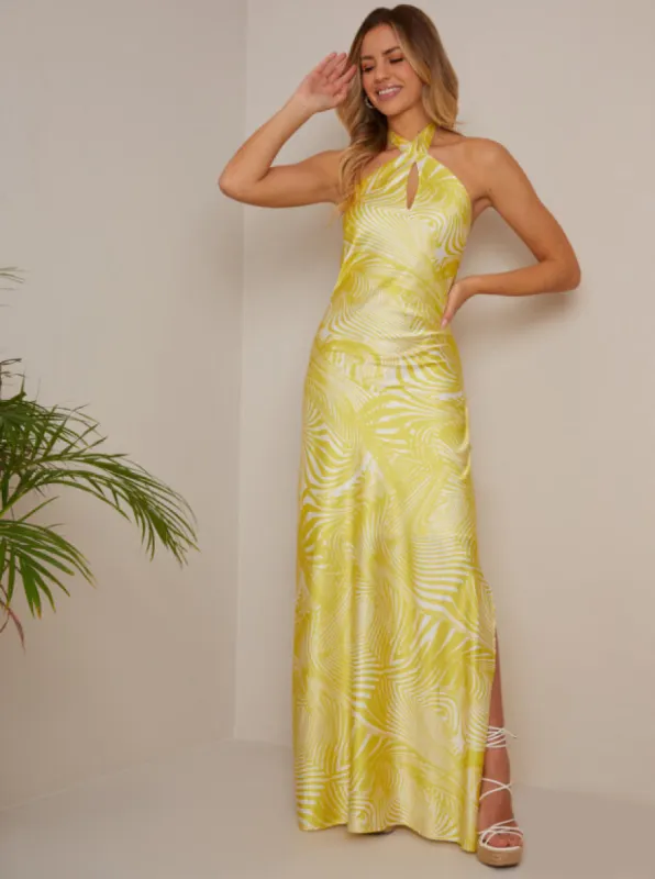 Halterneck Abstract Print Maxi Dress in Yellow sold by Chi Chi London