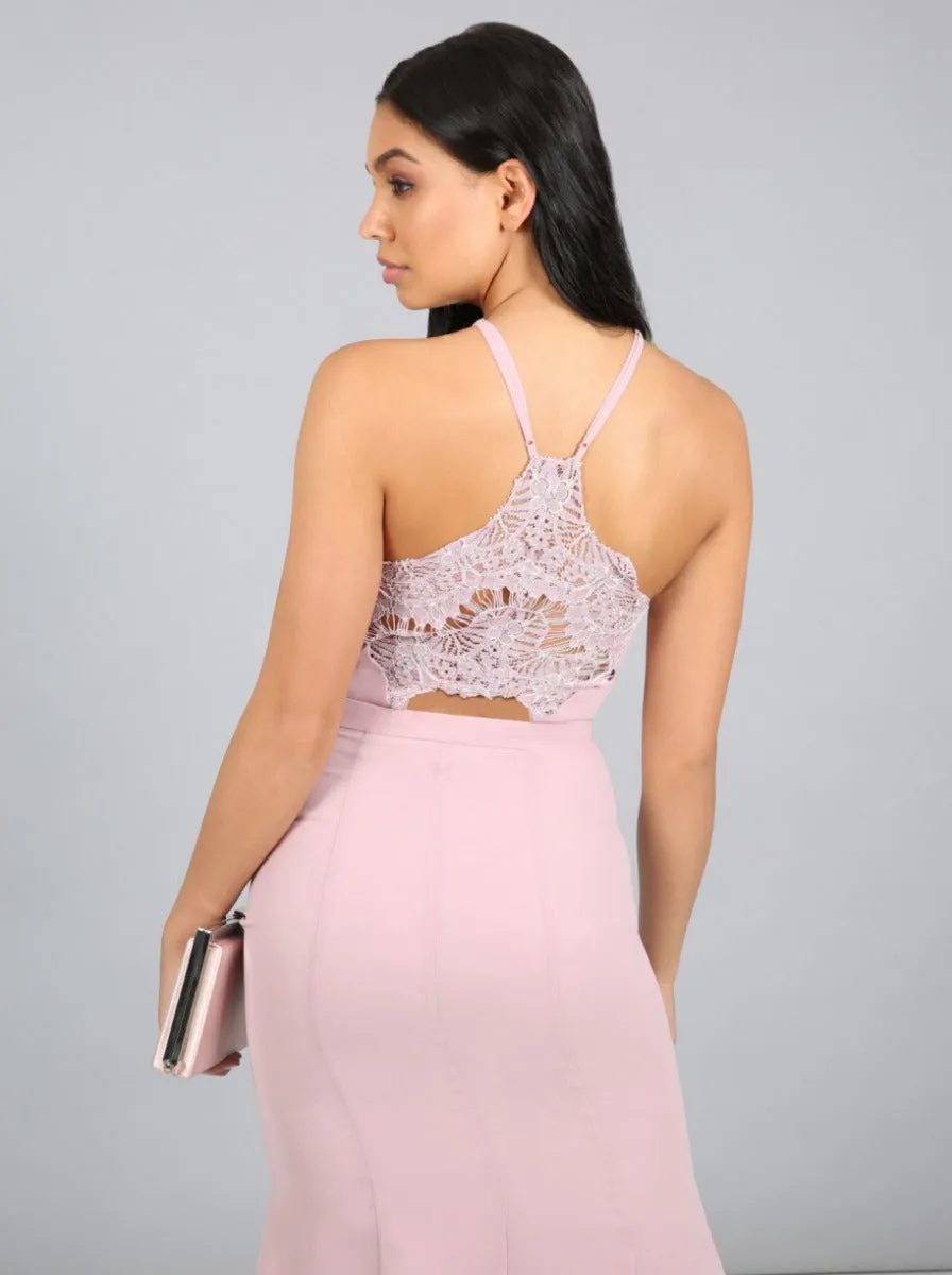 Tall Sheer Lace Back Midi Dress in Pink sold by Chi Chi London