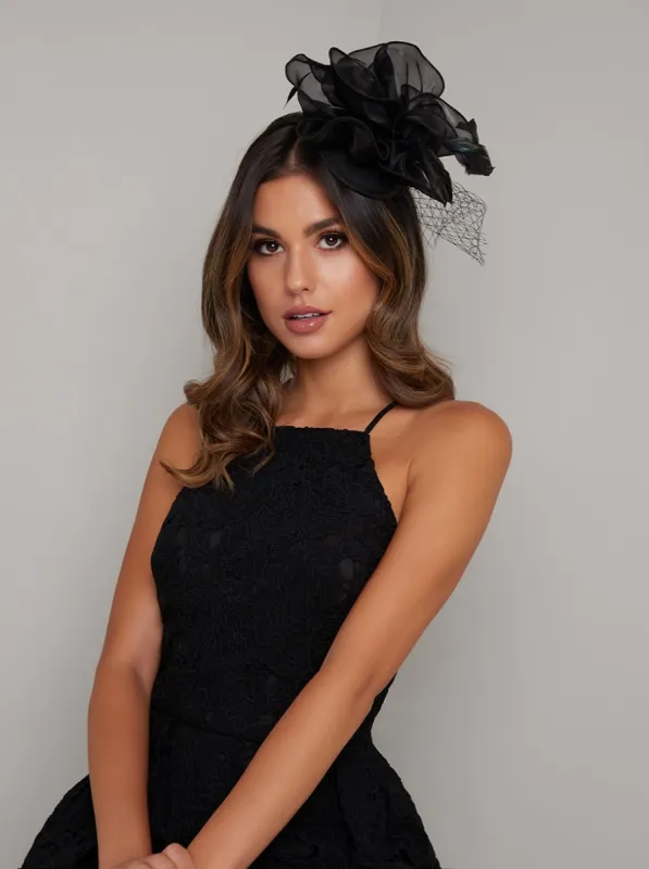 Chiffon Headband Fascinator in Black made by Chi Chi London