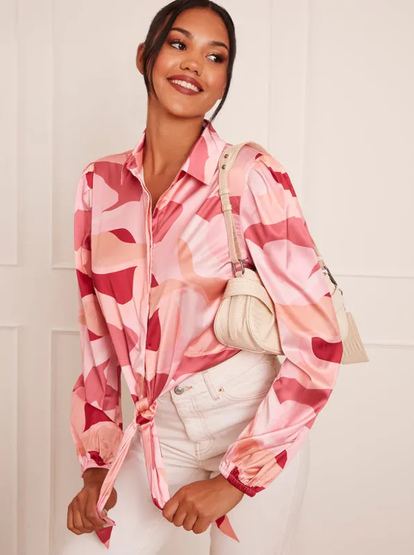 Long Sleeve Tie Front Abstract Shirt in Pink sold by Chi Chi London