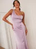 One Shoulder Satin Maxi Dress in Lilac sold by Chi Chi London