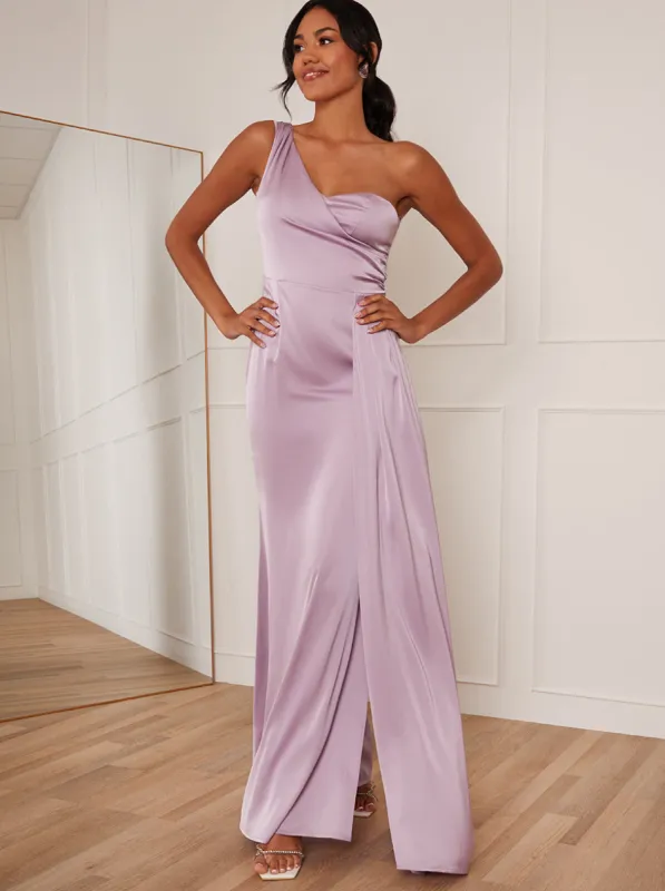 One Shoulder Satin Maxi Dress in Lilac sold by Chi Chi London