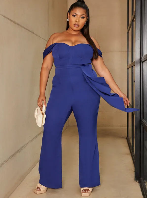Plus Size Bardot Style Jumpsuit in Blue sold by Chi Chi London