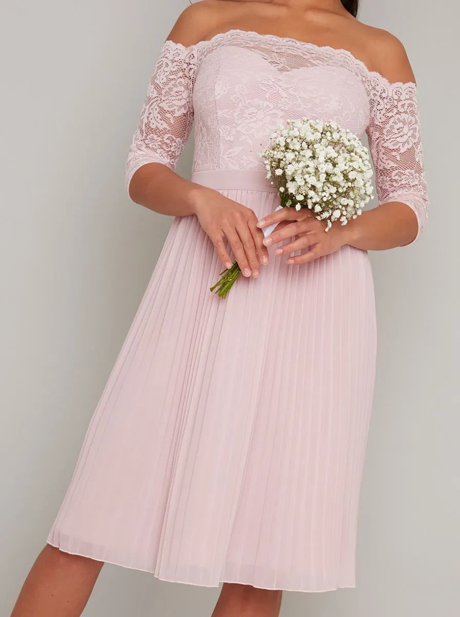 Petite Lace Bardot Pleat Midi Dress in Pink sold by Chi Chi London product image thumbnail 3
