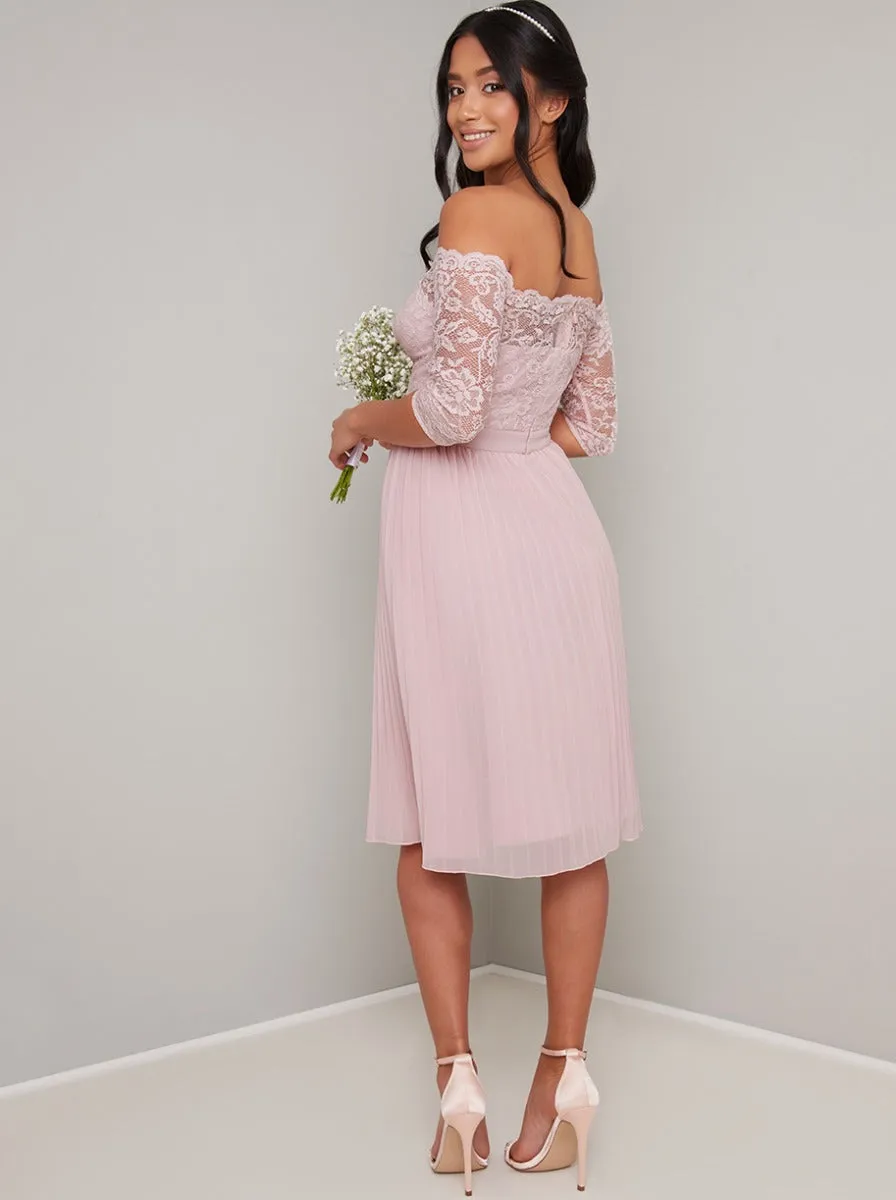 Petite Lace Bardot Pleat Midi Dress in Pink sold by Chi Chi London product image thumbnail 4